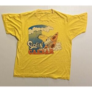 VTG Single Stitch 80s Little Caesars Pizza Surfin Caesar Promo T-Shirt Yellow M